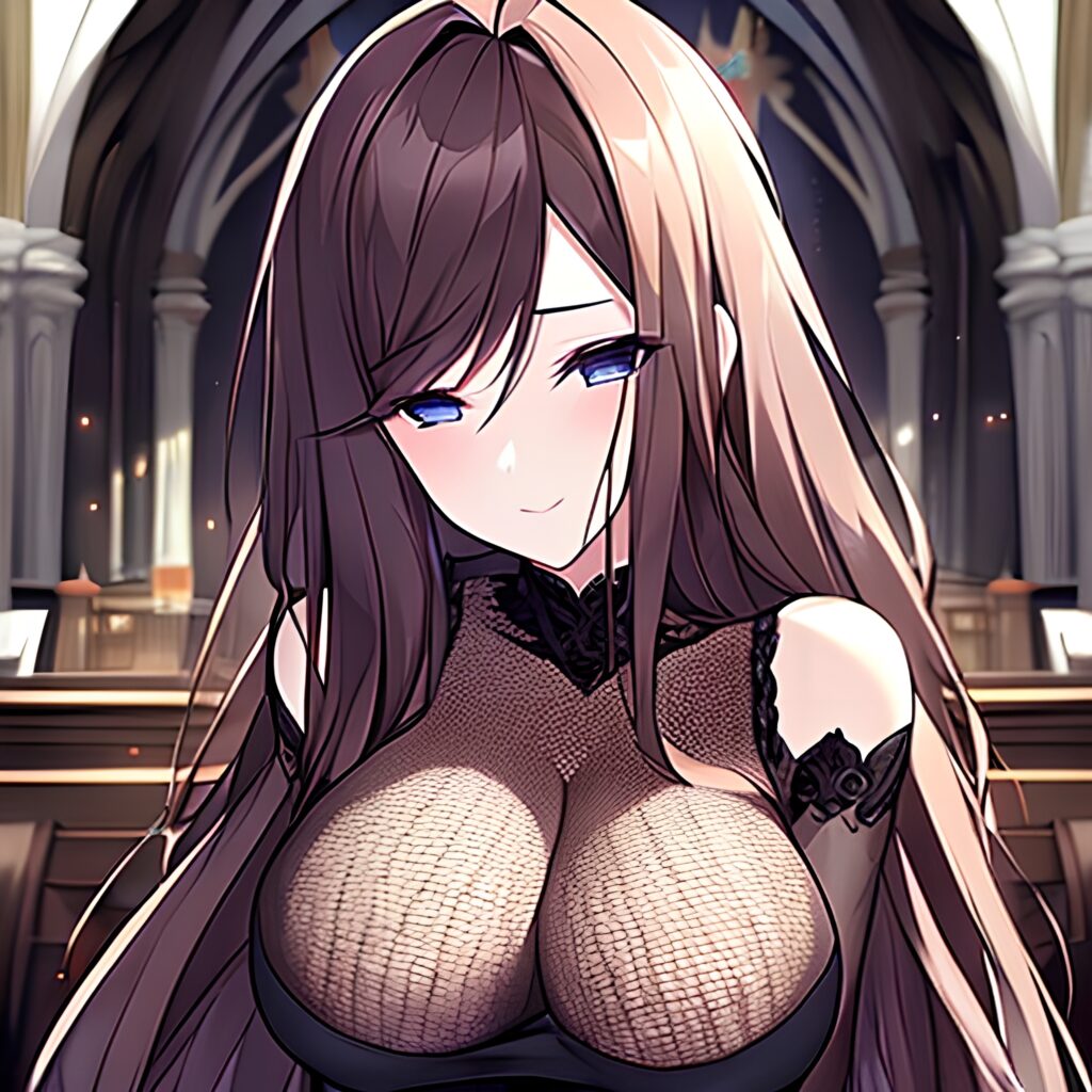 brunette woman church messy hair fishnet long hair 