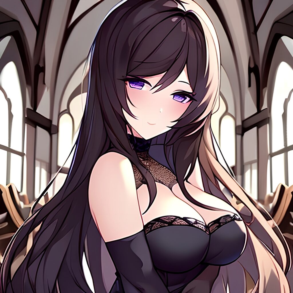 brunette woman church messy hair fishnet long hair 