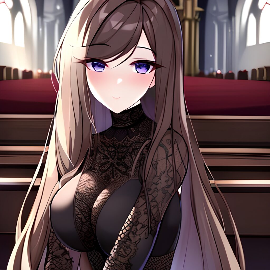 brunette woman church messy hair fishnet long hair 