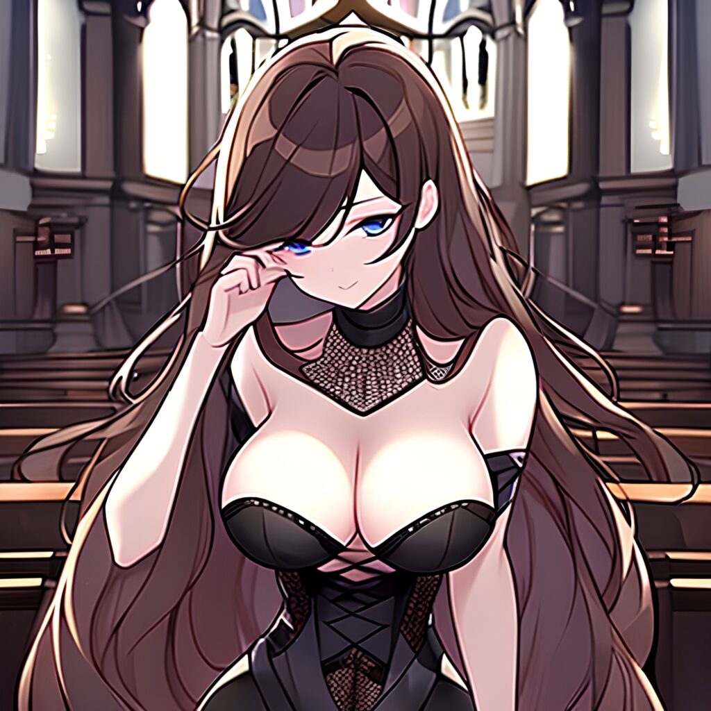 brunette woman church messy hair fishnet long hair 