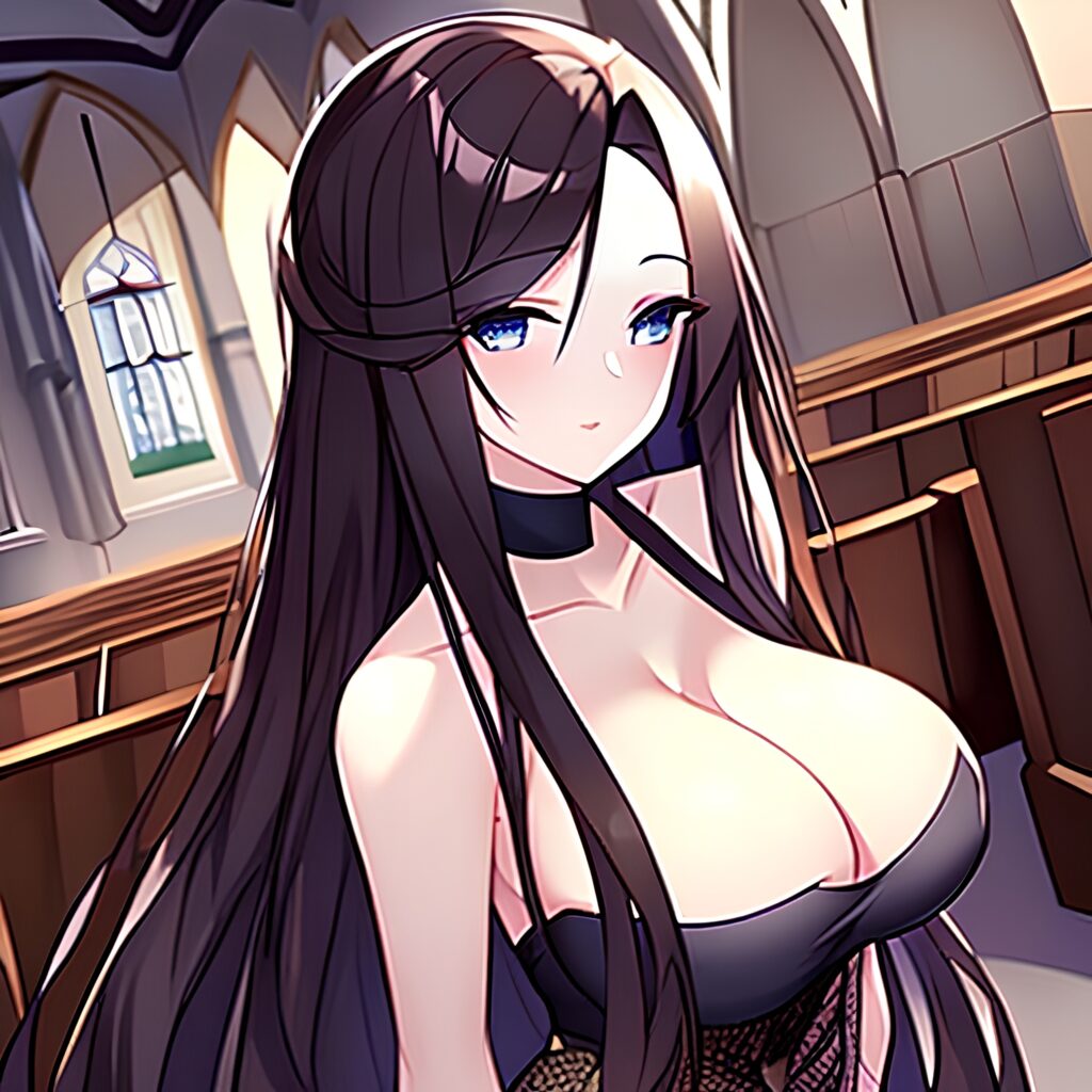 brunette woman church messy hair long hair fishnet 