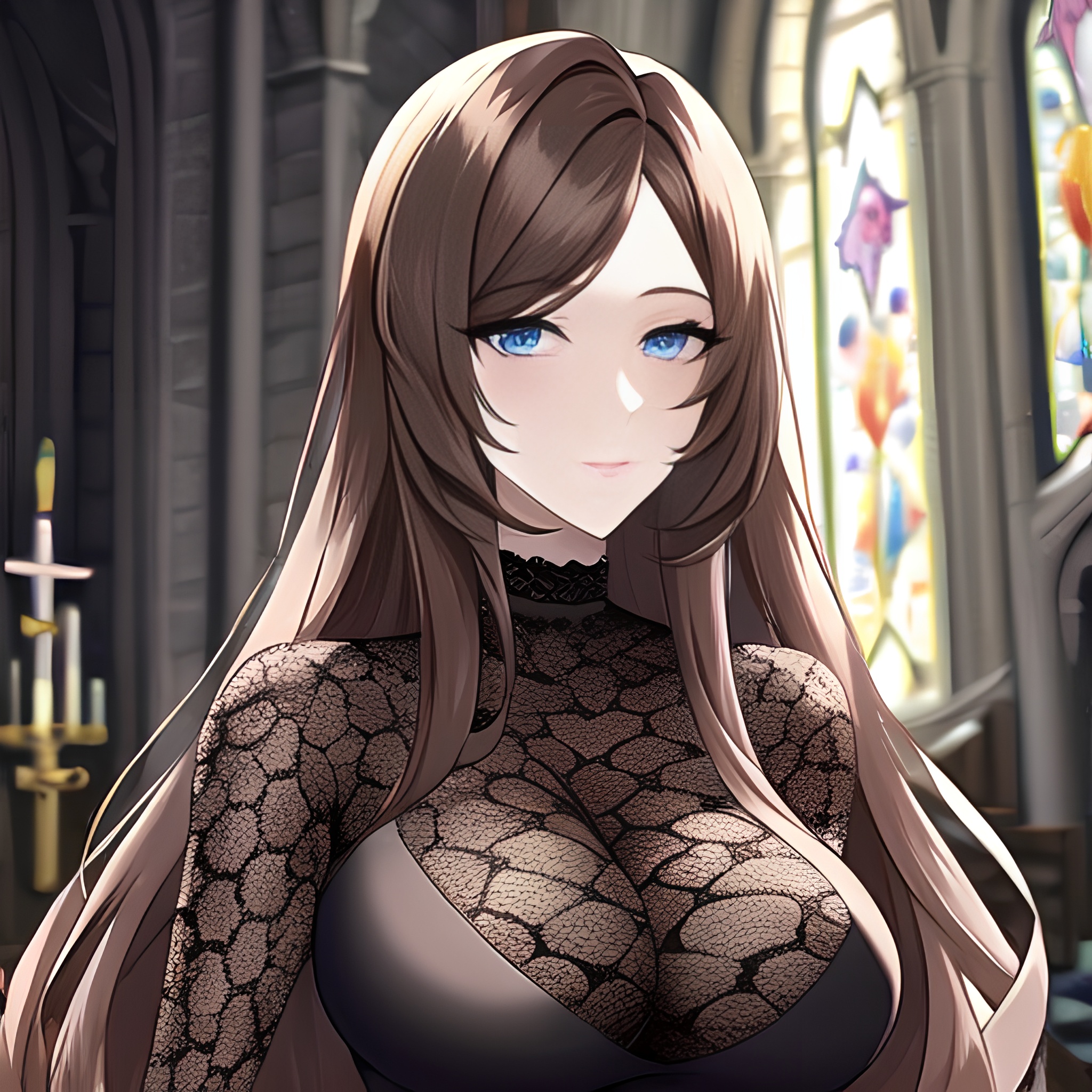 brunette woman church messy hair long hair fishnet 