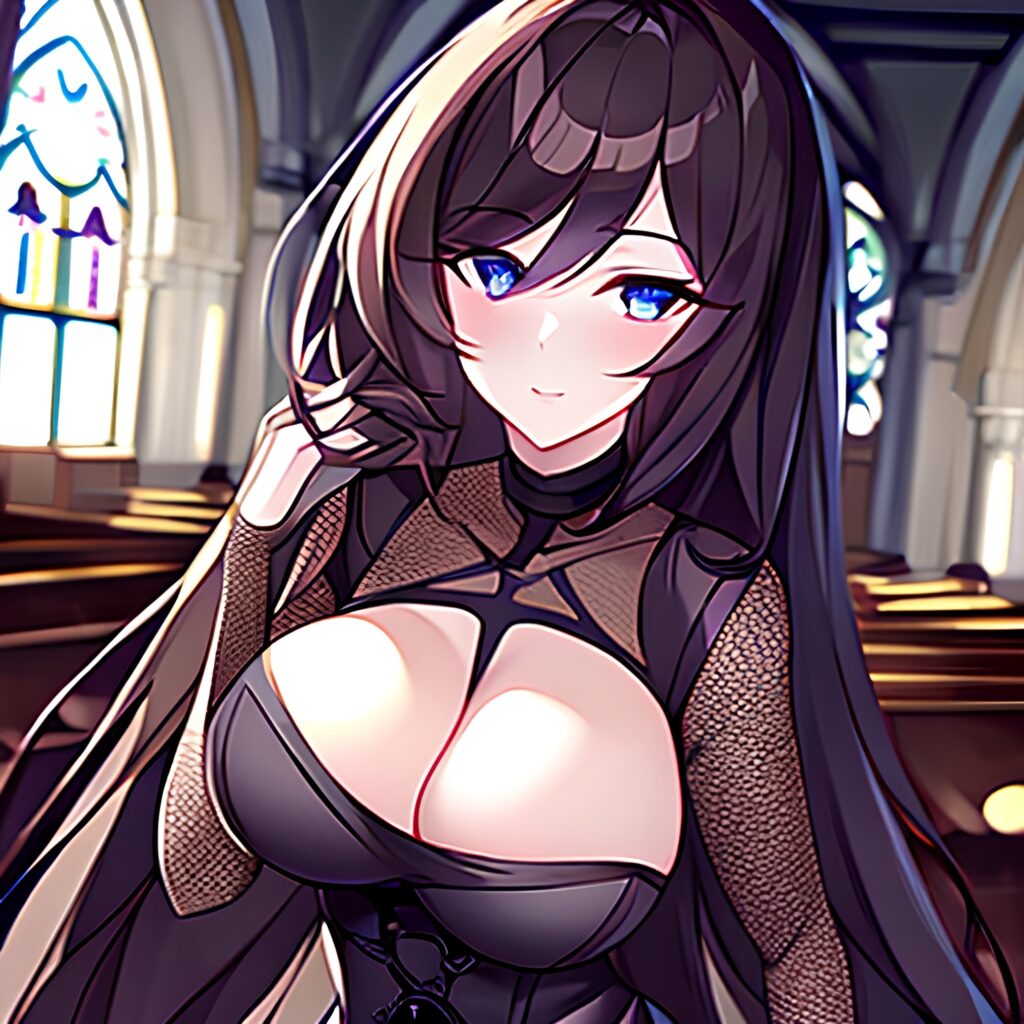 brunette woman church messy hair long hair fishnet 