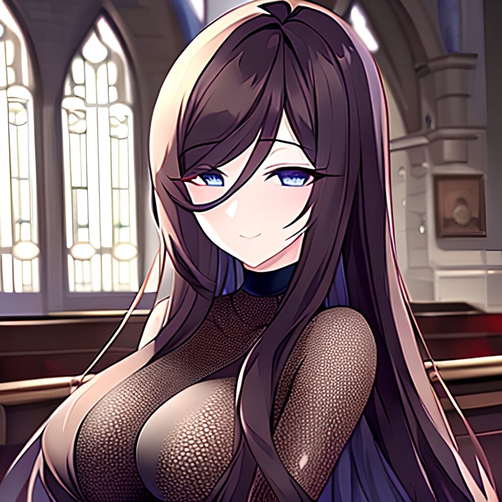 brunette woman fishnet church long hair messy hair 