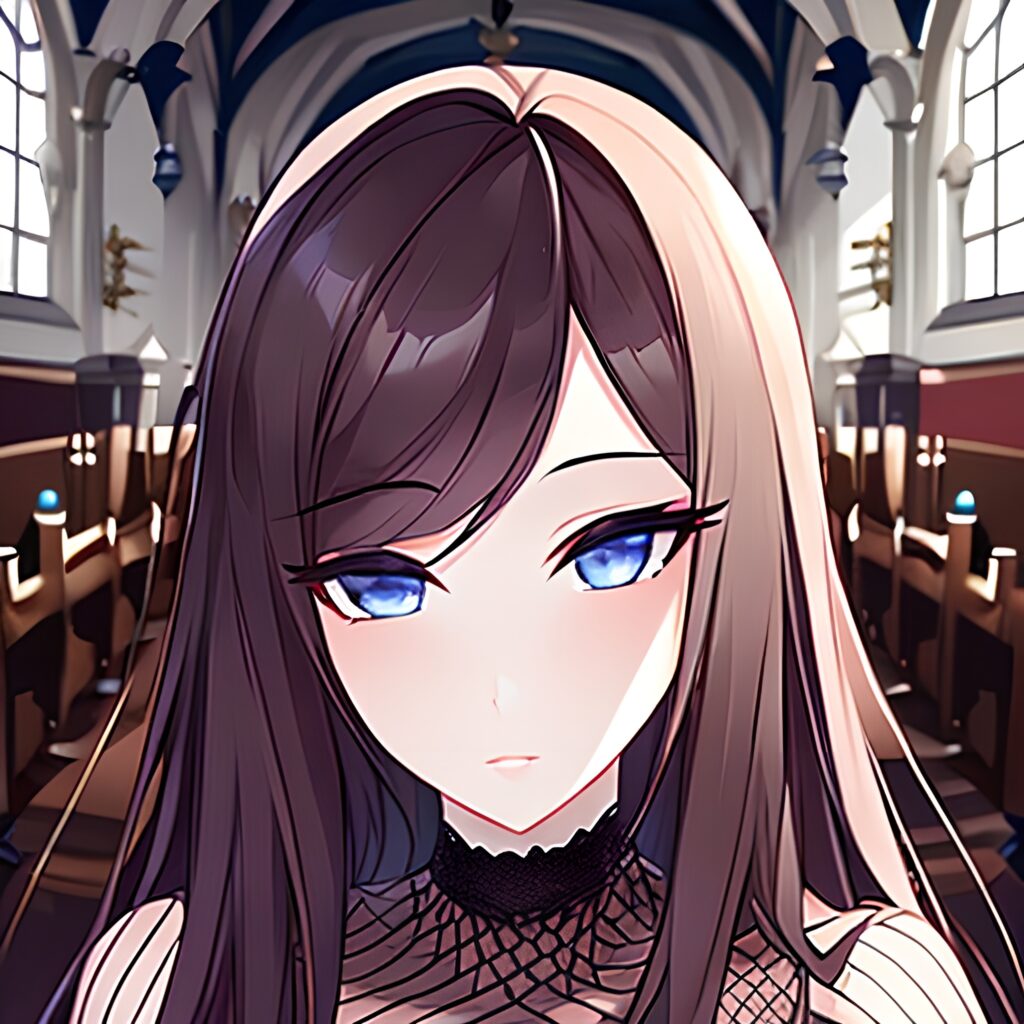 brunette woman fishnet church long hair messy hair 