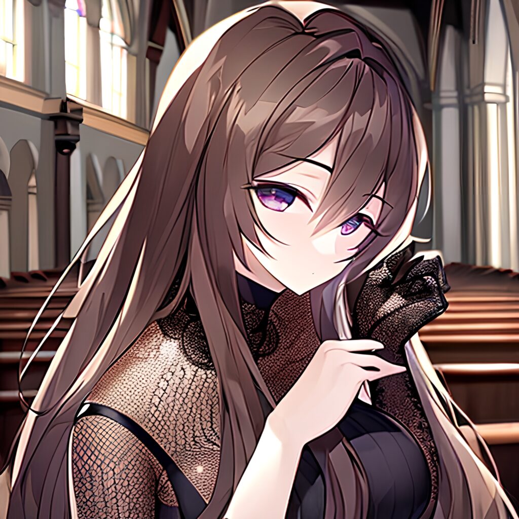 brunette woman fishnet church long hair messy hair 