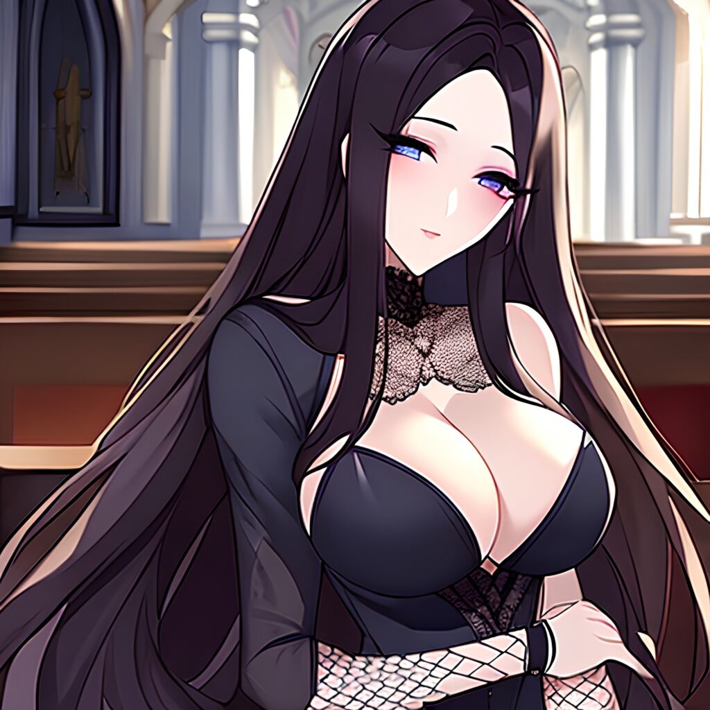 brunette woman fishnet church long hair messy hair 