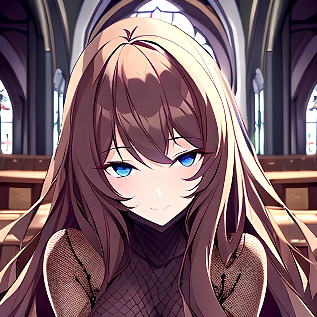 brunette woman fishnet church long hair messy hair 