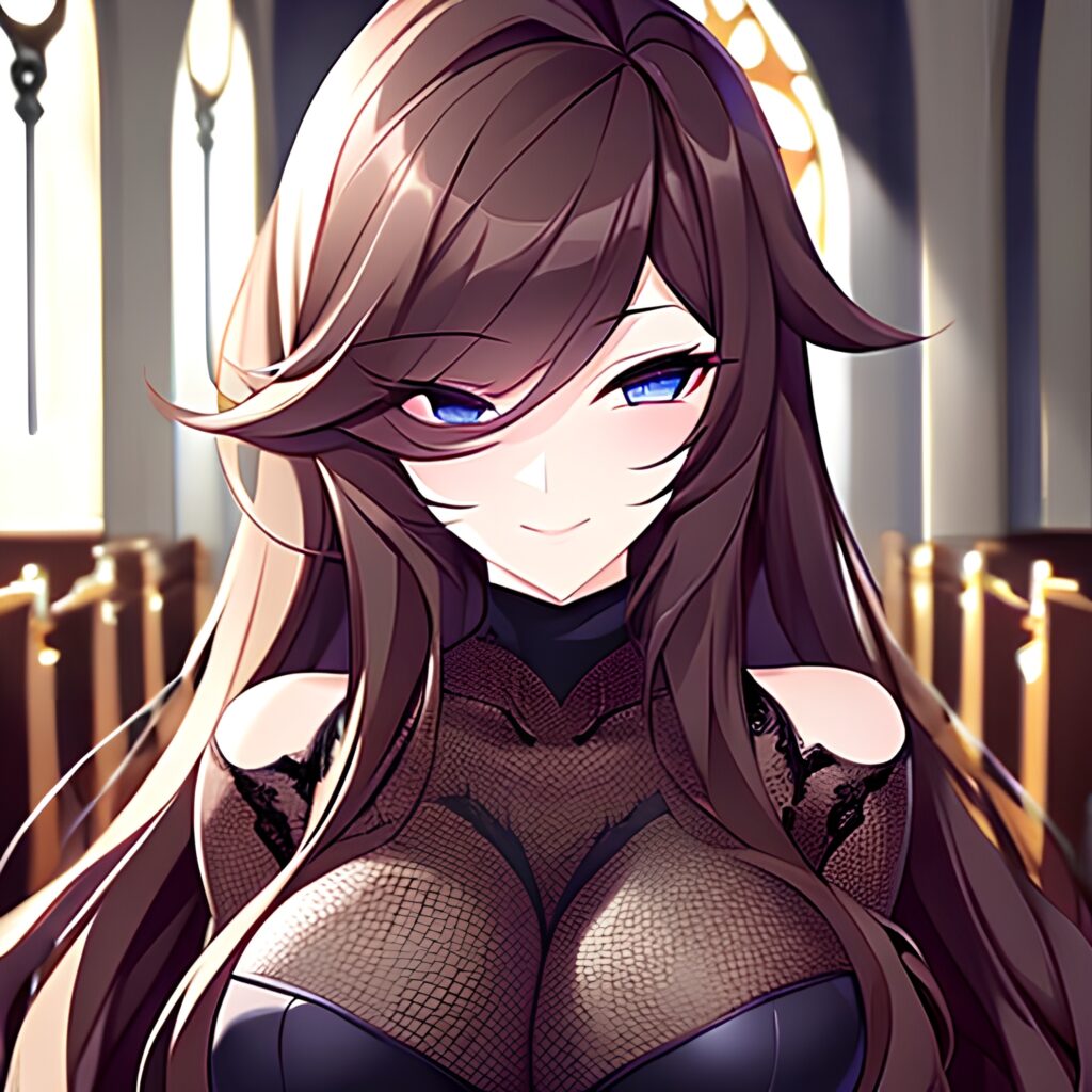 brunette woman fishnet church messy hair long hair 