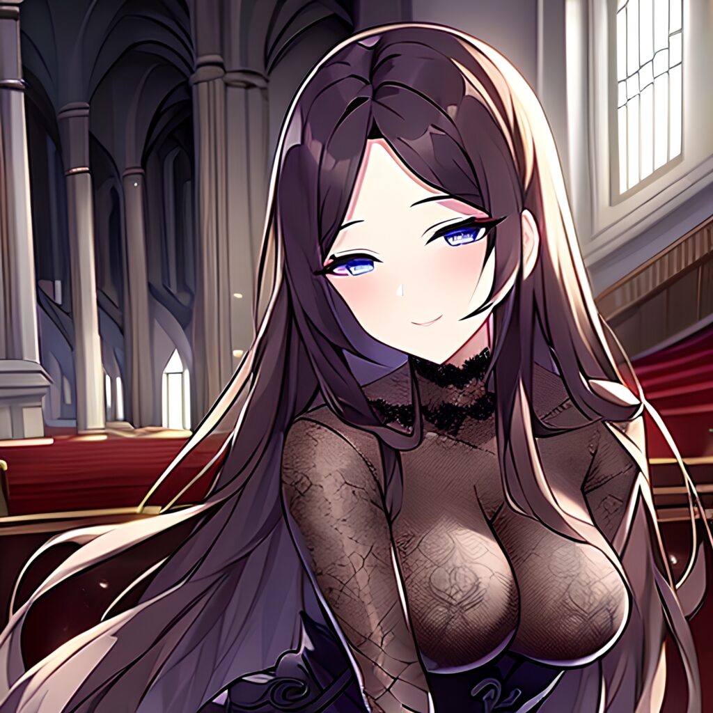 brunette woman fishnet church messy hair long hair