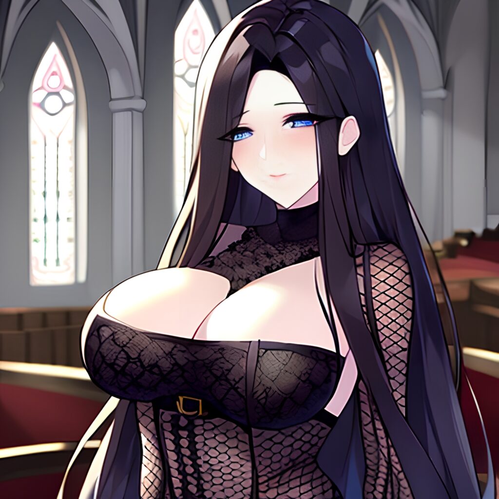 brunette woman fishnet church messy hair long hair 