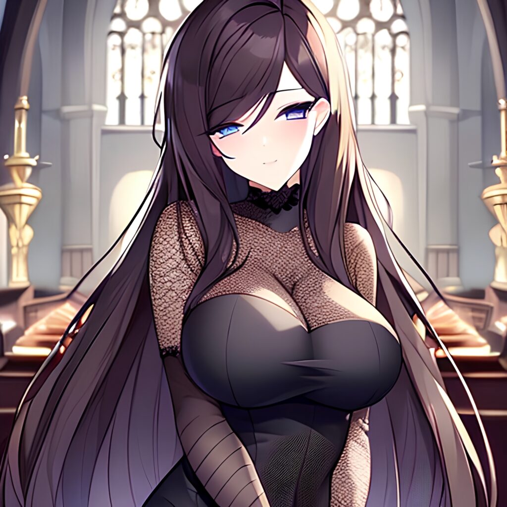 brunette woman fishnet church messy hair long hair 