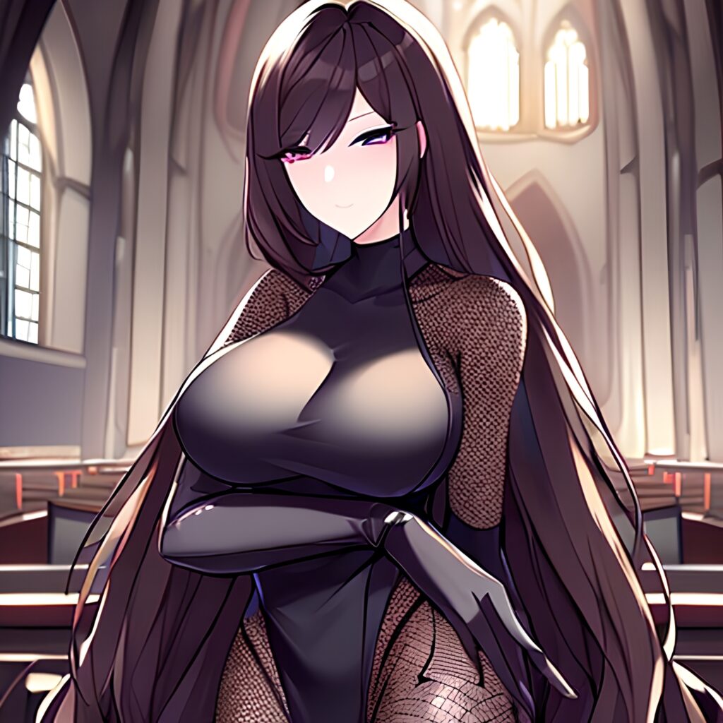 brunette woman fishnet church messy hair long hair 