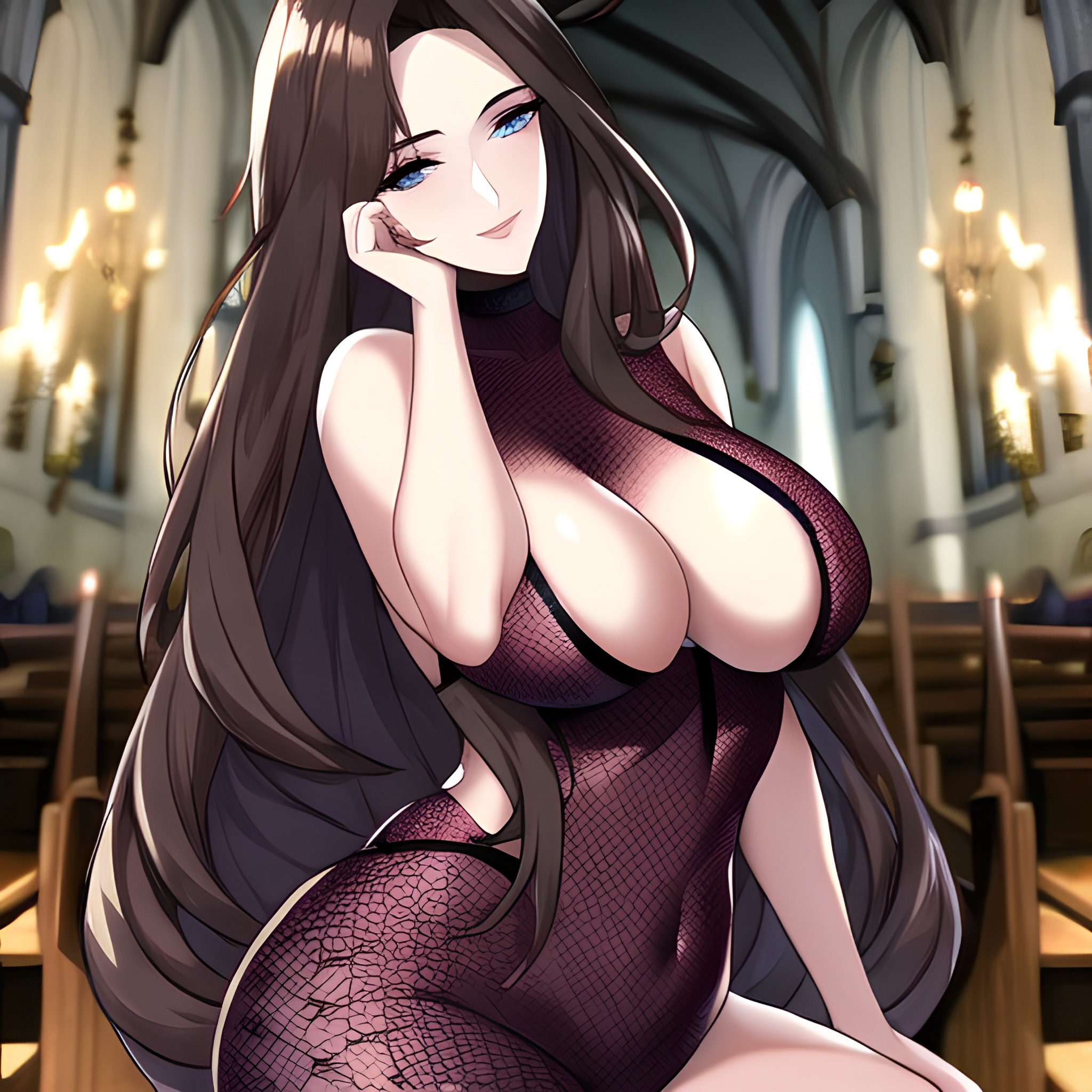 brunette woman fishnet church messy hair long hair 