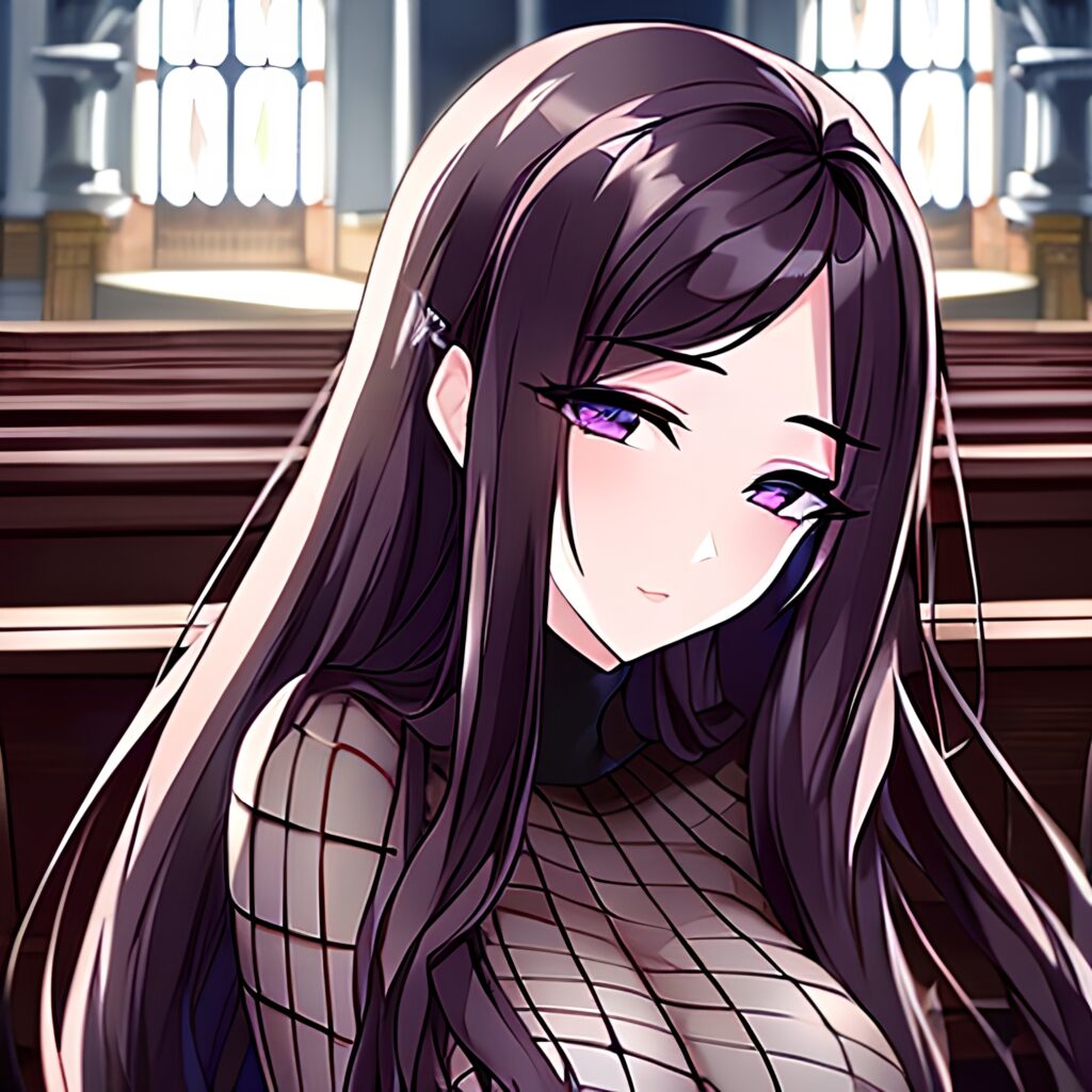 brunette woman fishnet church messy hair long hair 