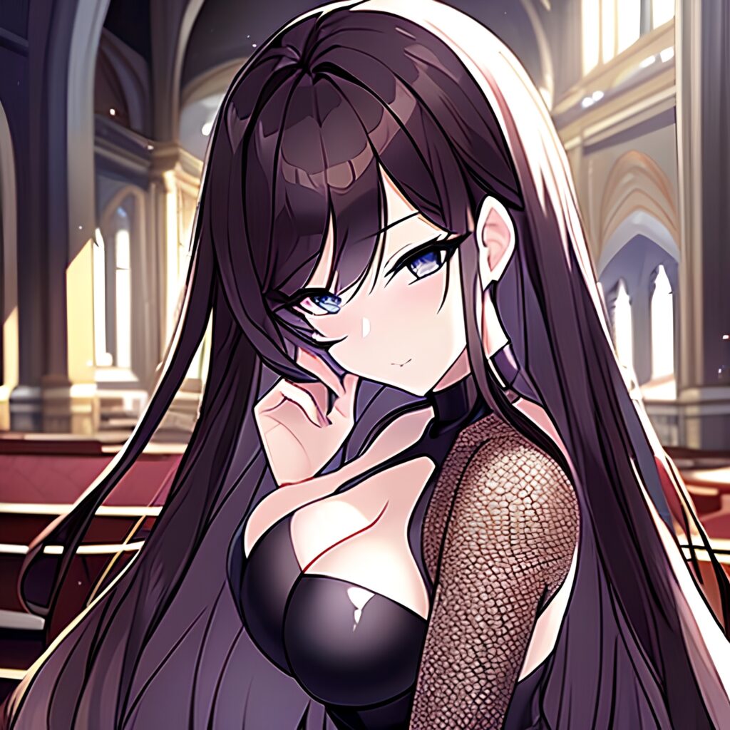 brunette woman fishnet church messy hair long hair 