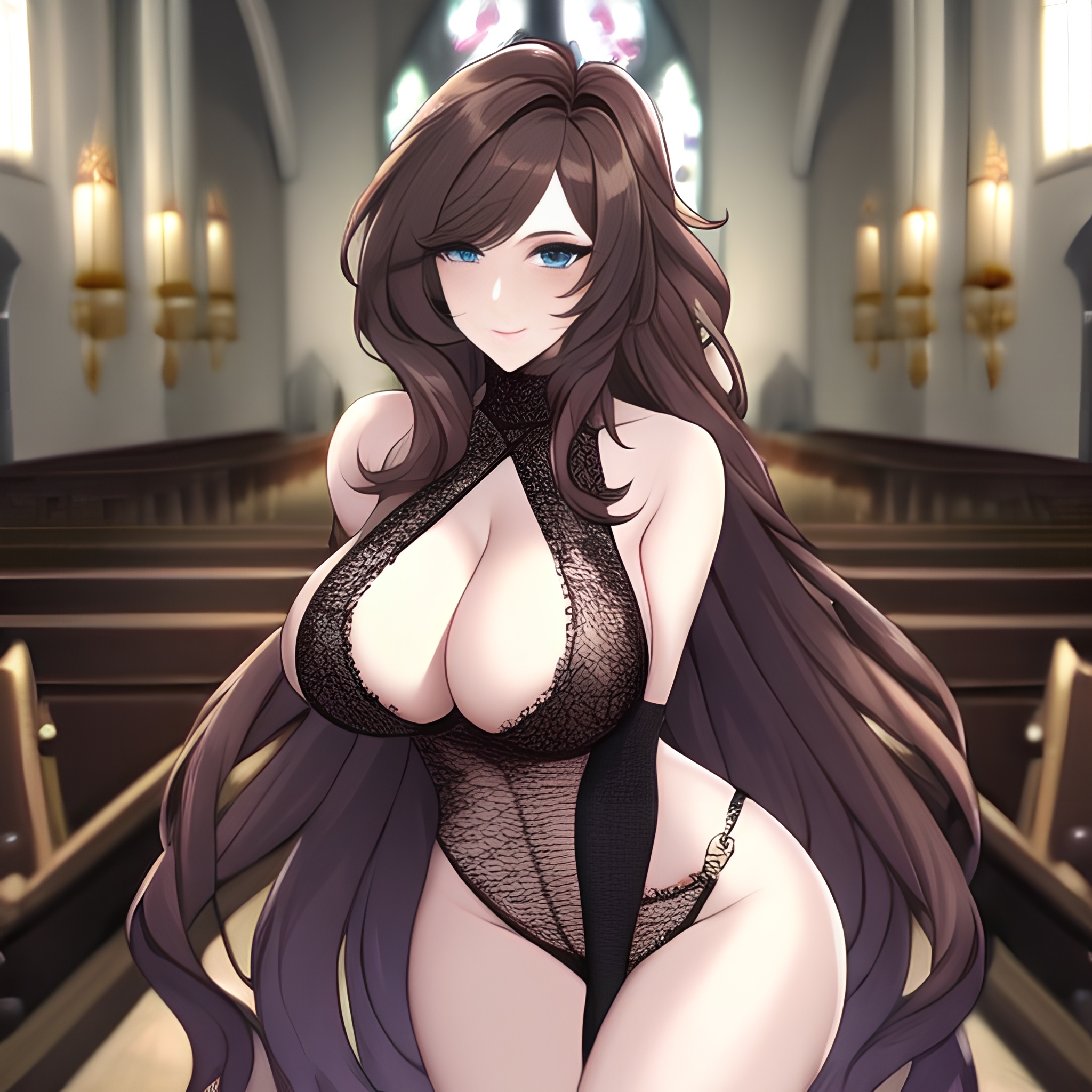 brunette woman fishnet church messy hair long hair 