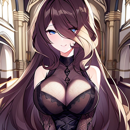 brunette woman fishnet church messy hair long hair