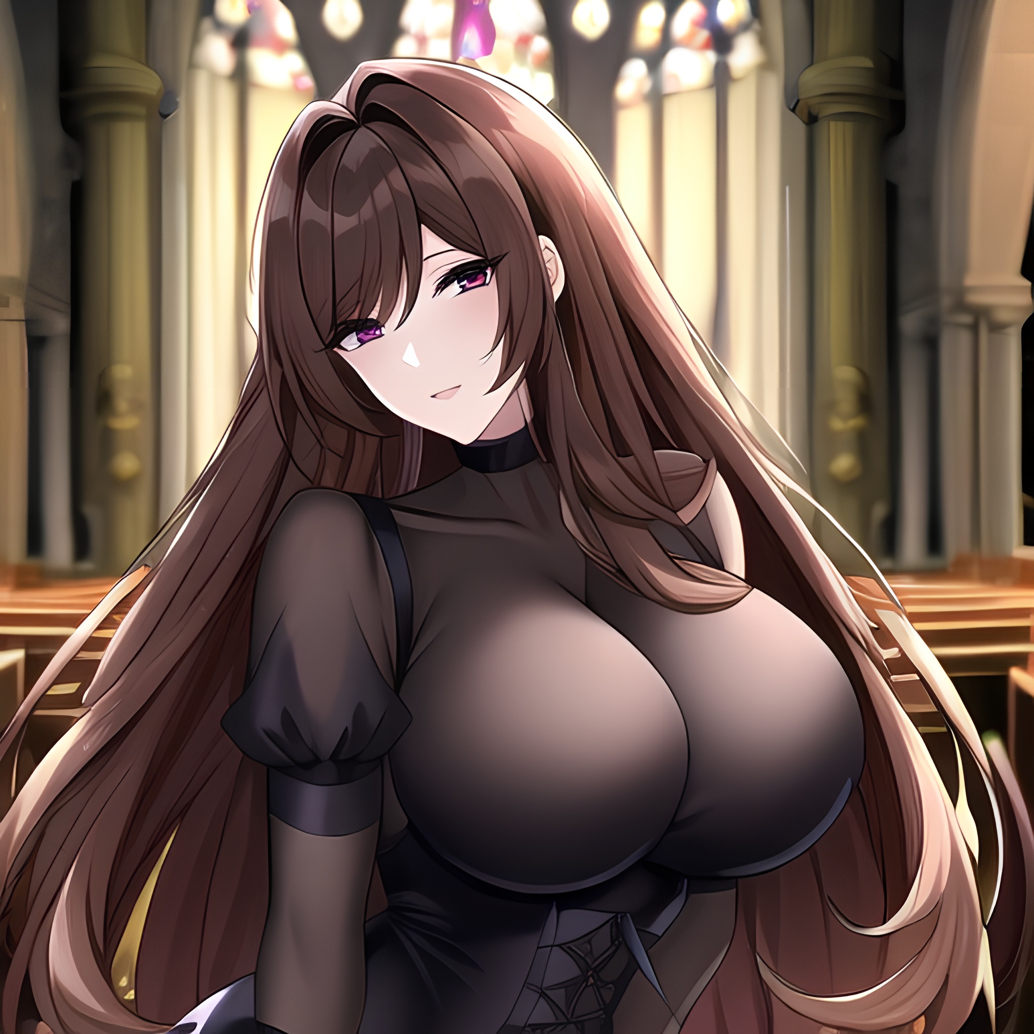 brunette woman fishnet long hair church messy hair 