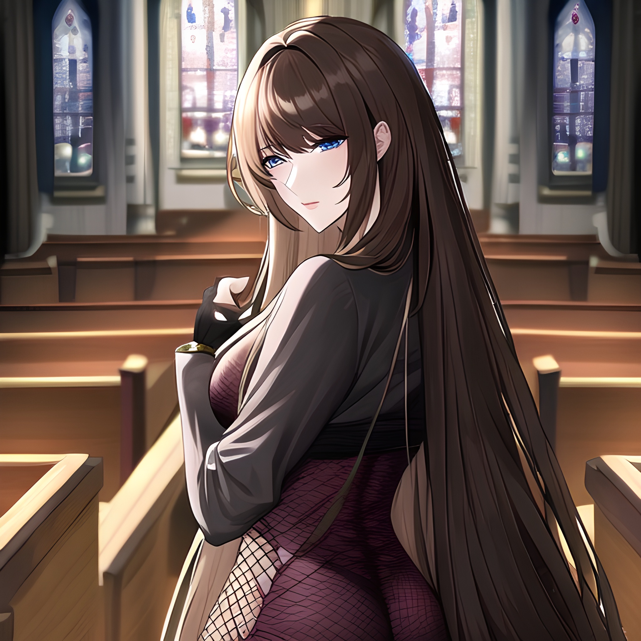 brunette woman fishnet long hair church messy hair 