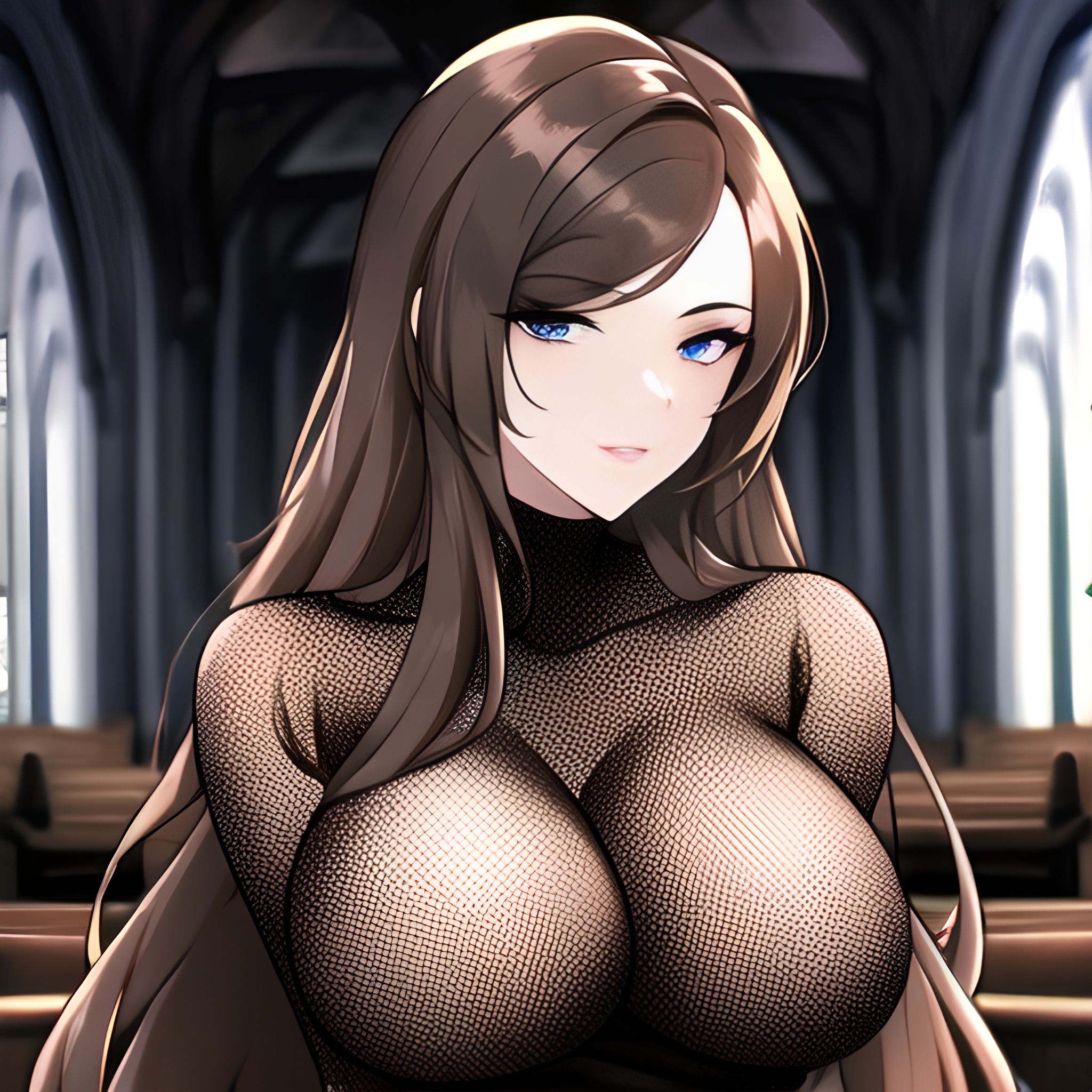 brunette woman fishnet long hair church messy hair 