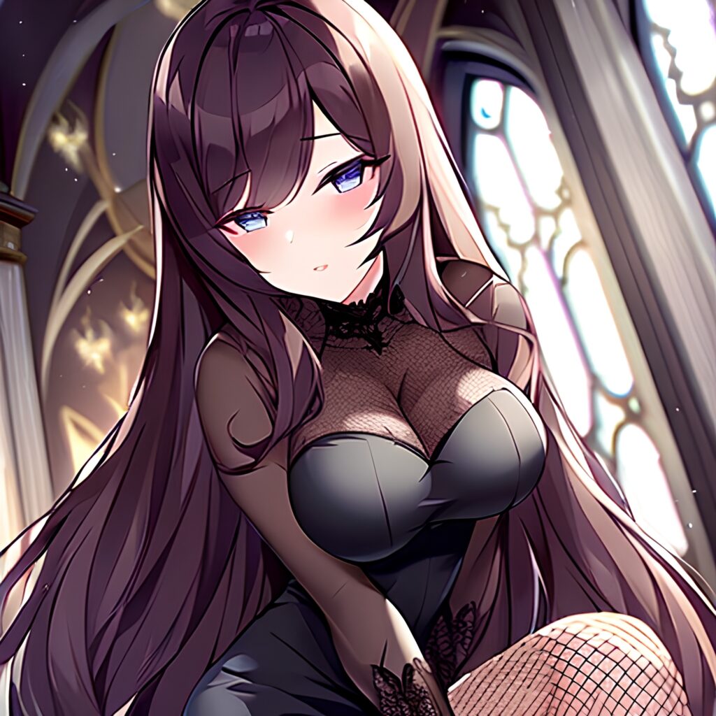 brunette woman fishnet long hair church messy hair 