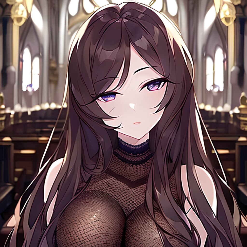 brunette woman fishnet long hair church messy hair 