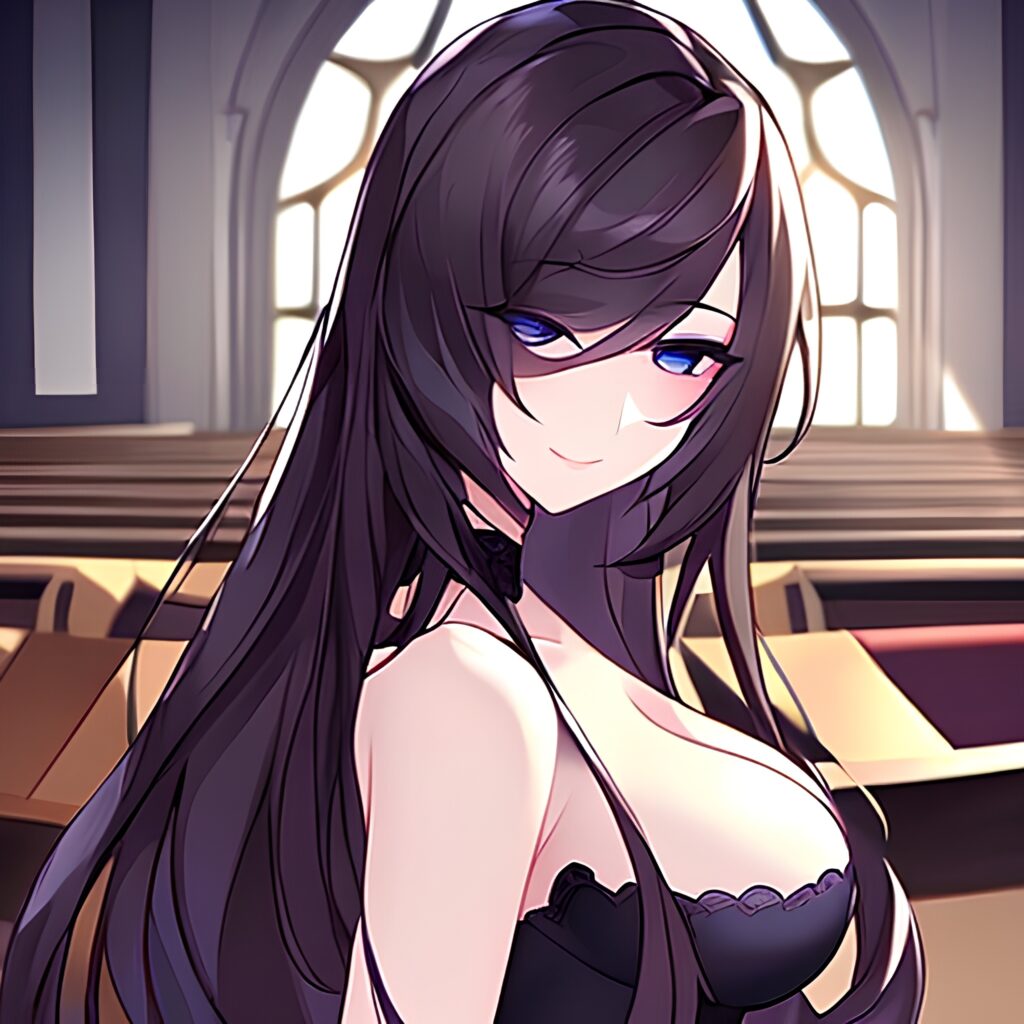 brunette woman fishnet long hair church messy hair 