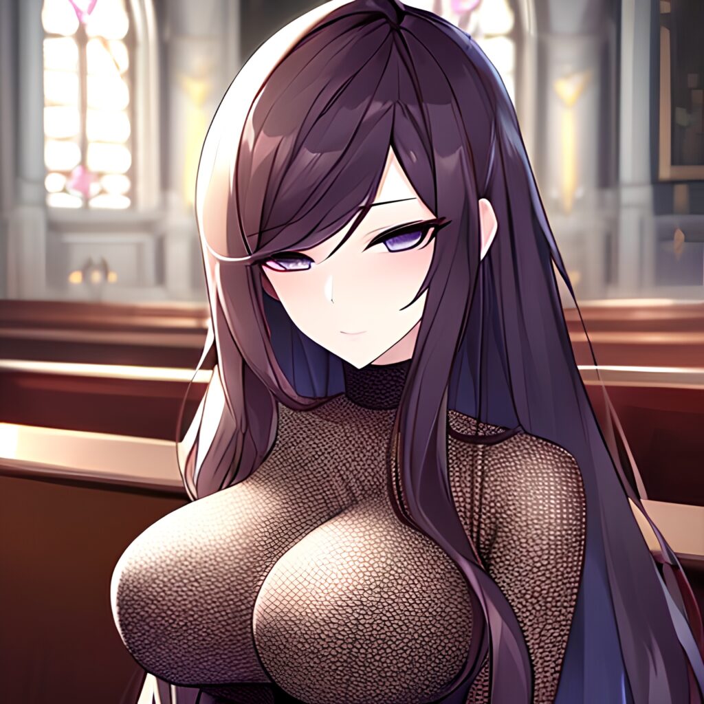 brunette woman fishnet long hair church messy hair 