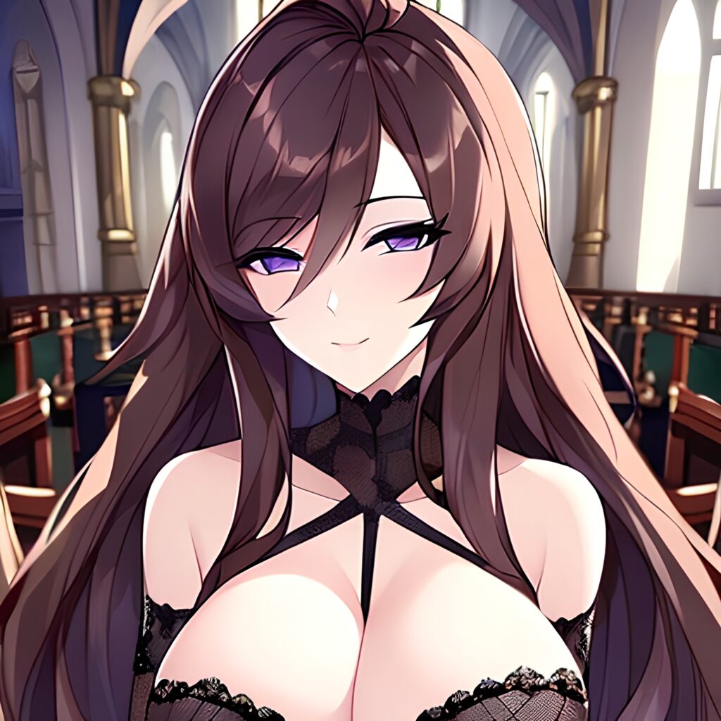 brunette woman fishnet long hair church messy hair 