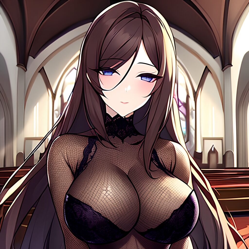 brunette woman fishnet long hair church messy hair 