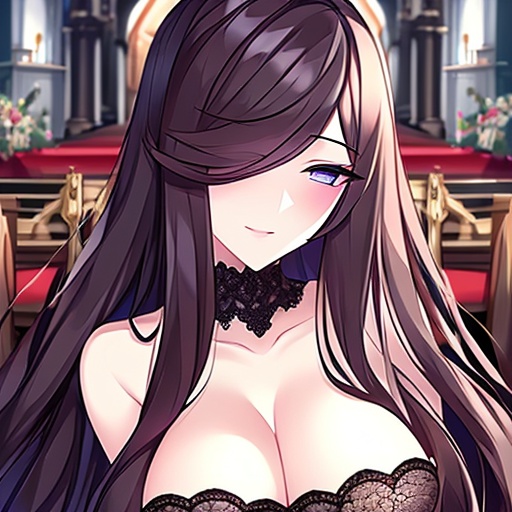 brunette woman fishnet long hair messy hair church 