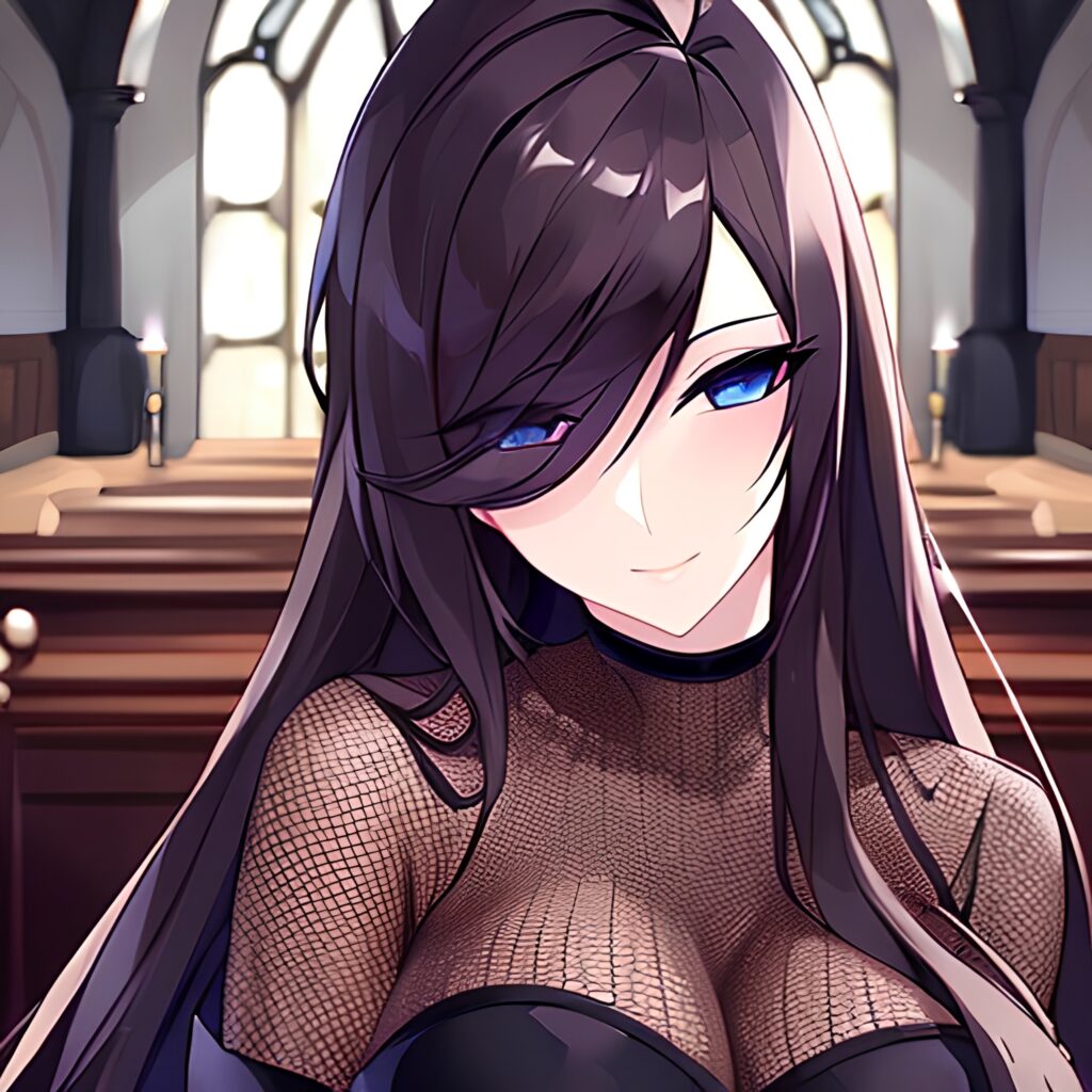 brunette woman fishnet long hair messy hair church 