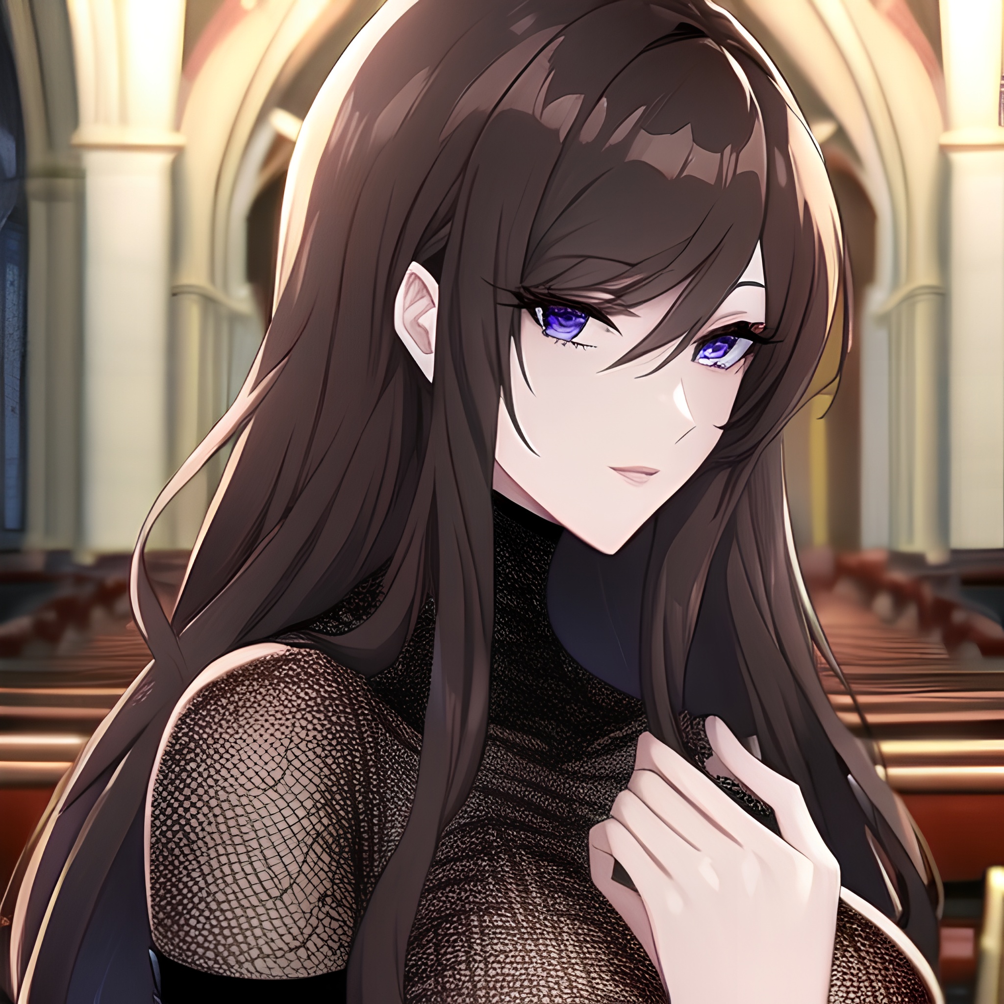 brunette woman fishnet long hair messy hair church 