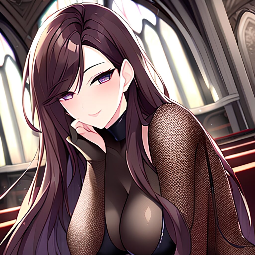 brunette woman fishnet messy hair church long hair