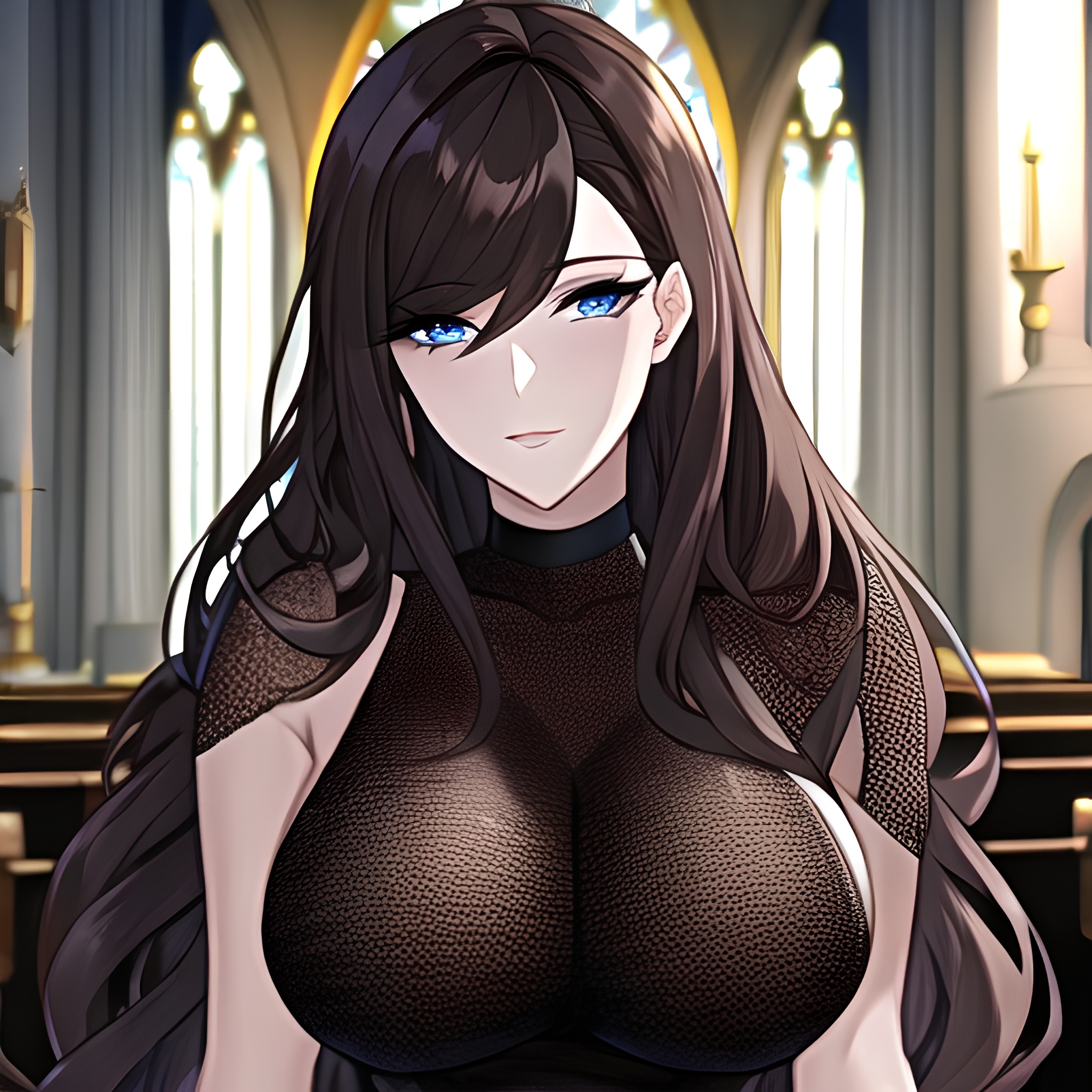 brunette woman fishnet messy hair church long hair 