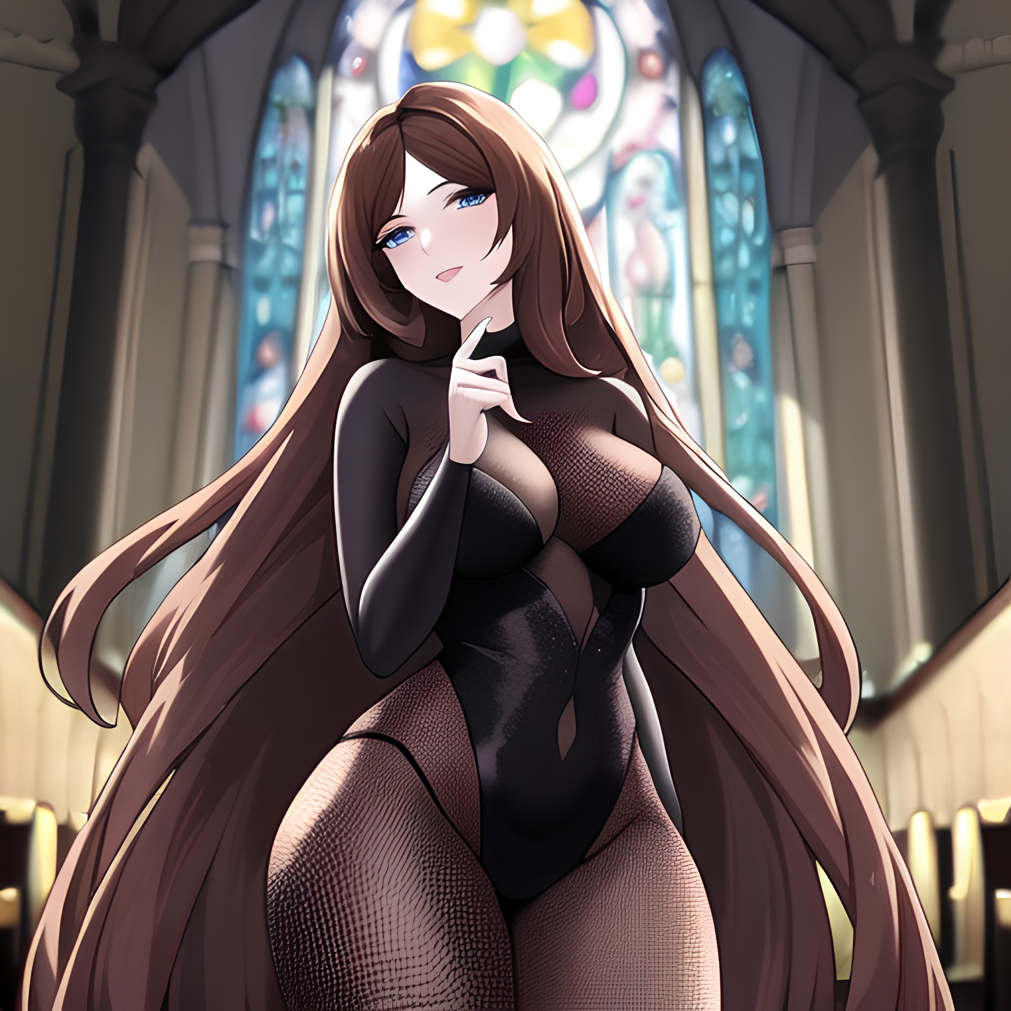 brunette woman fishnet messy hair church long hair