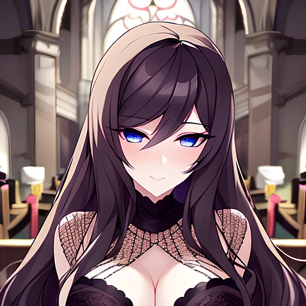 brunette woman fishnet messy hair long hair church 