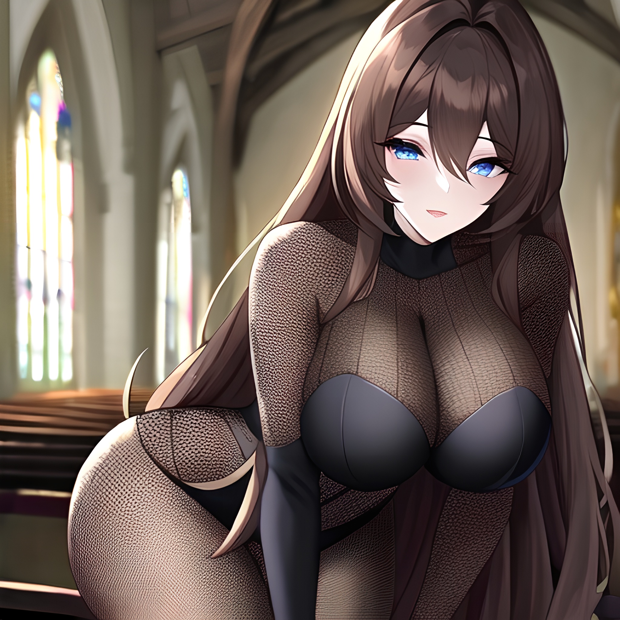 brunette woman fishnet messy hair long hair church 