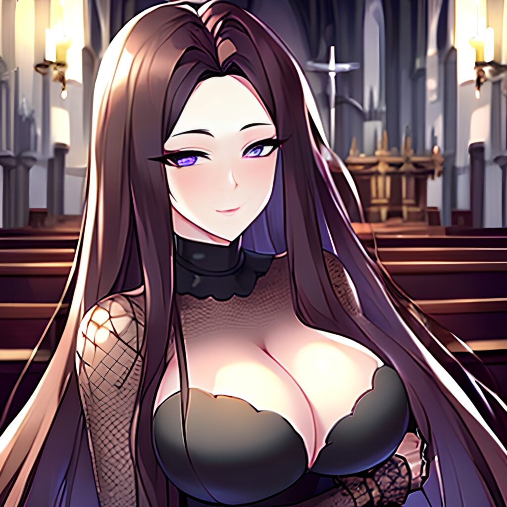 brunette woman fishnet messy hair long hair church 