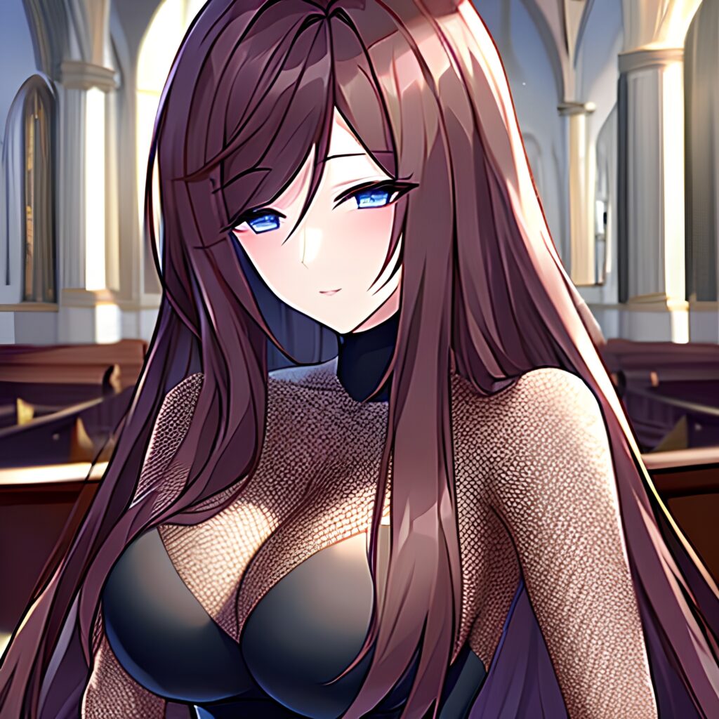 brunette woman fishnet messy hair long hair church 