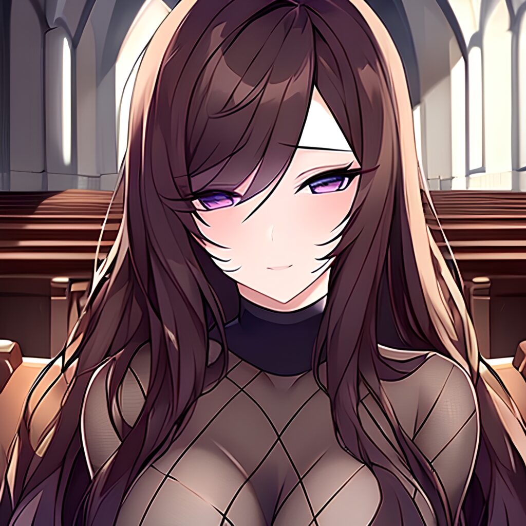 brunette woman long hair church fishnet messy hair 