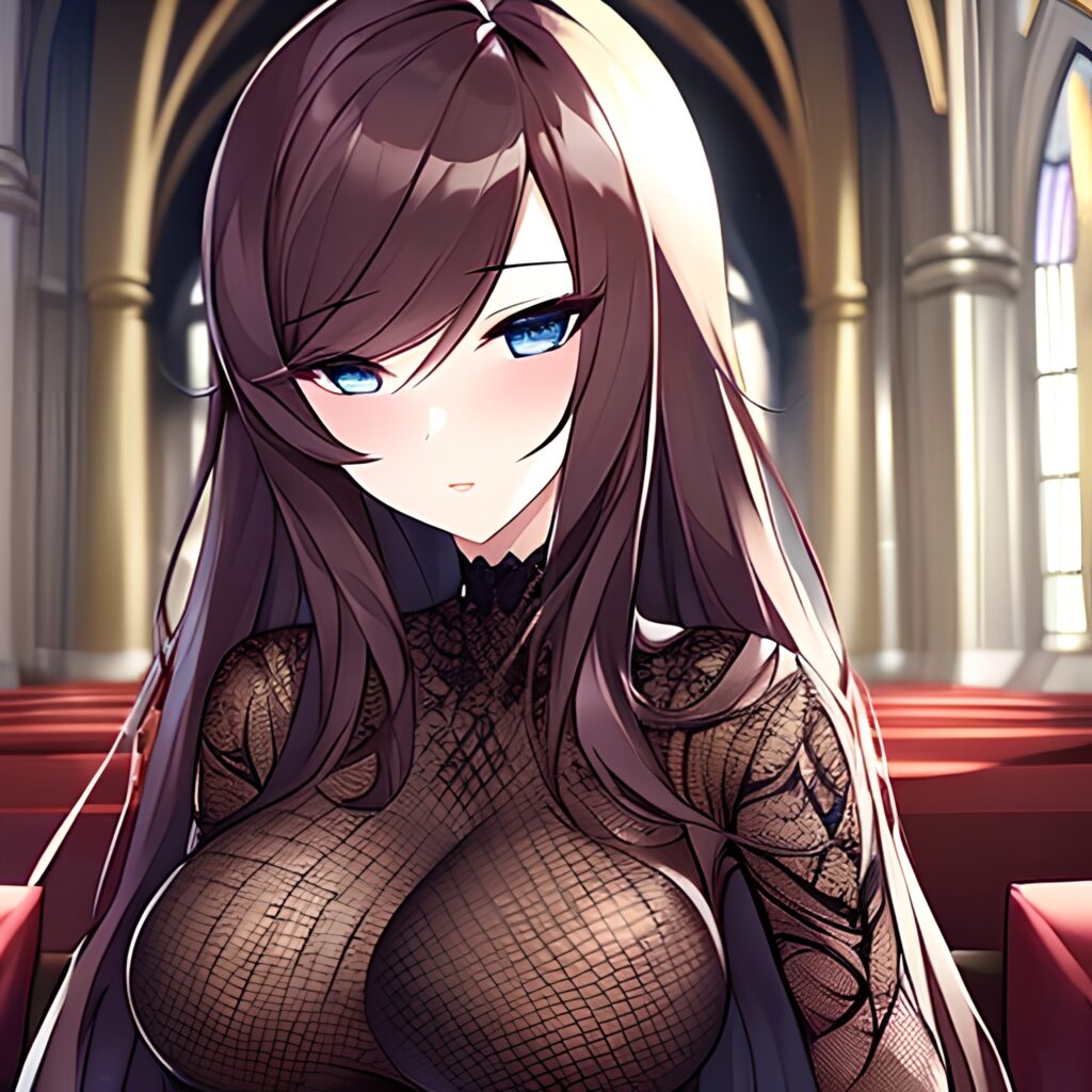 brunette woman long hair church fishnet messy hair 