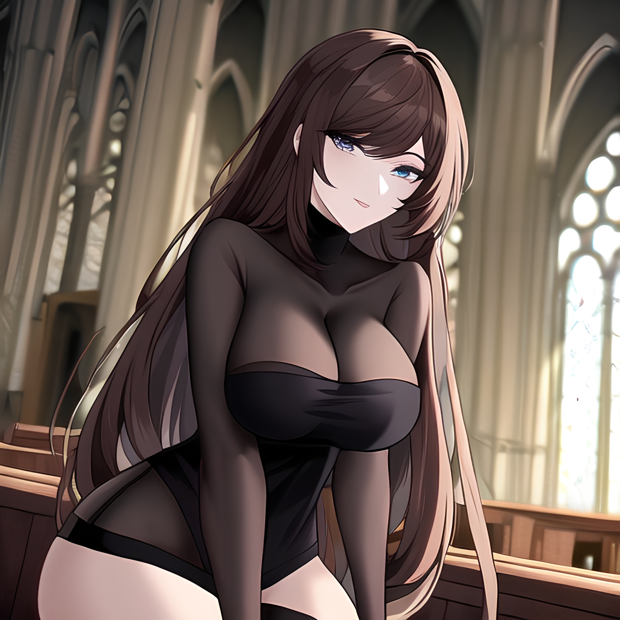 brunette woman long hair church fishnet messy hair 