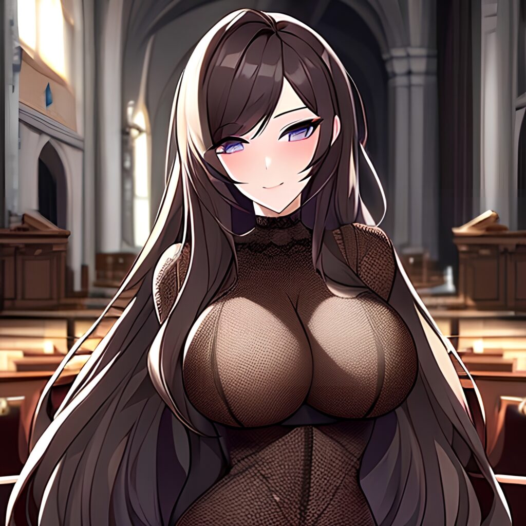 brunette woman long hair church fishnet messy hair 