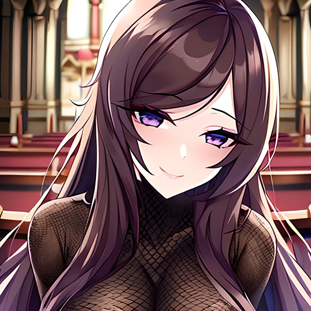 brunette woman long hair church messy hair fishnet 