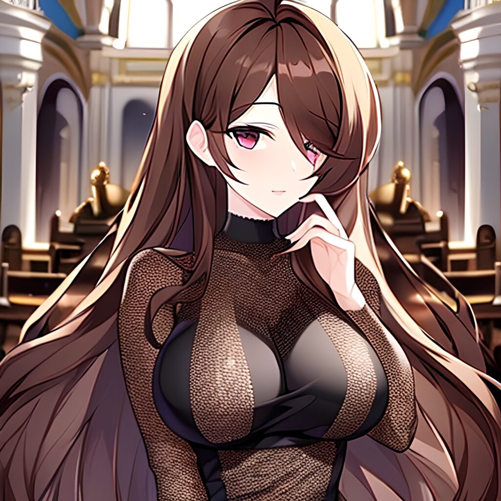 brunette woman long hair church messy hair fishnet 