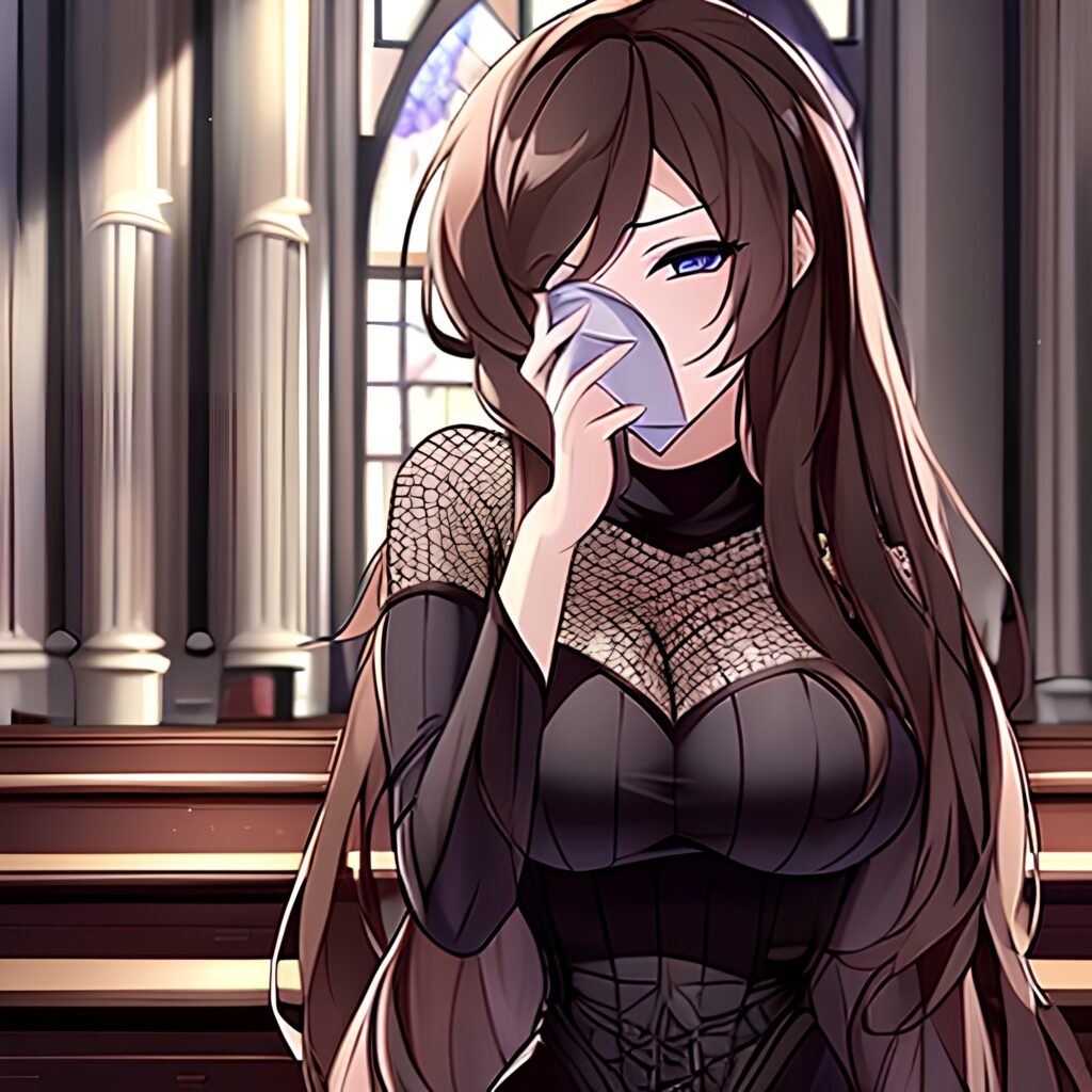 brunette woman long hair church messy hair fishnet