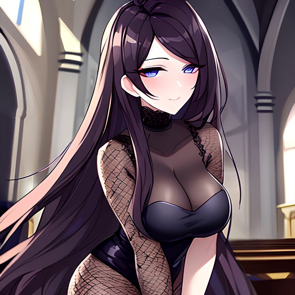 brunette woman long hair church messy hair fishnet 