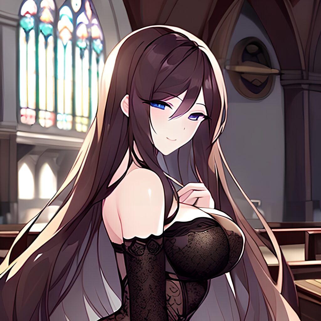 brunette woman long hair church messy hair fishnet 